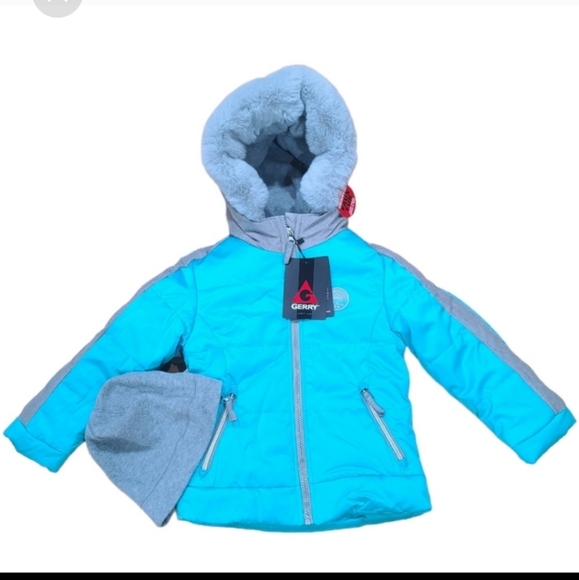 GERRY 3-in-1 Kids Gray/Teal Rain & Puffer Hooded Jacket Combo With Beani… - Picture 1 of 9